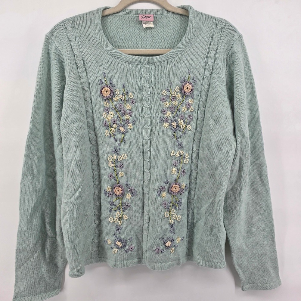 Vintage L Light Blue green Embroidered Floral Knit Sweater Long Sleeve Acrylic‎